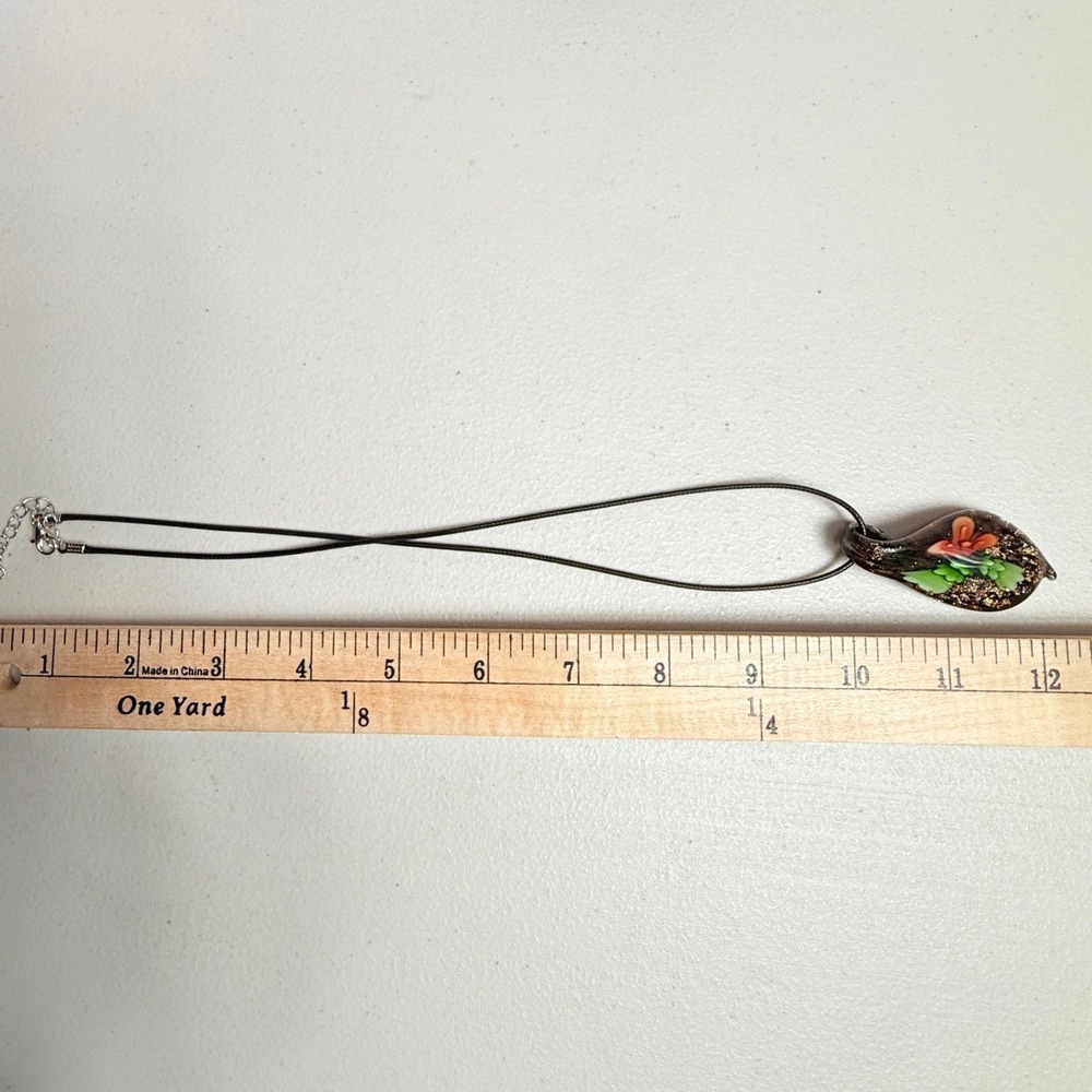 Murano Style Glass Pendant Necklace Teardrop Floral Black Gold Sparkle Boho 24 - Picture 3 of 5